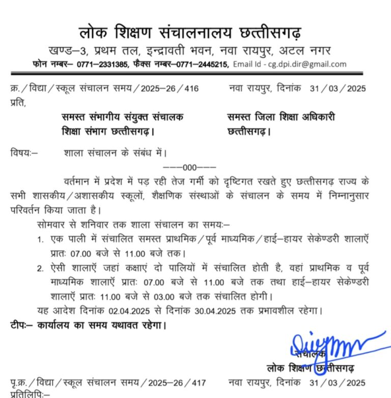 सूरज का प्रकोप…शिक्षा विभाग ने स्कूल समय में किया परिवर्तन…सुबह 7 बजे संचालित होंगी प्राइमरी और माध्यमिक कक्षाएं