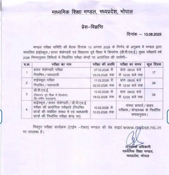MP Board Exam Time Table 2025-26: एमपी बोर्ड एग्जाम का टाइम टेबल जारी MP Board Exam Time Table 2025-26: एमपी बोर्ड एग्जाम का टाइम टेबल जारी