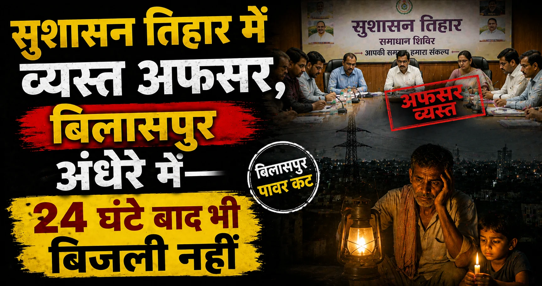सुशासन तिहार में व्यस्त अफसर, बिलासपुर अंधेरे में—24 घंटे बाद भी बिजली नहीं, सिस्टम फेल