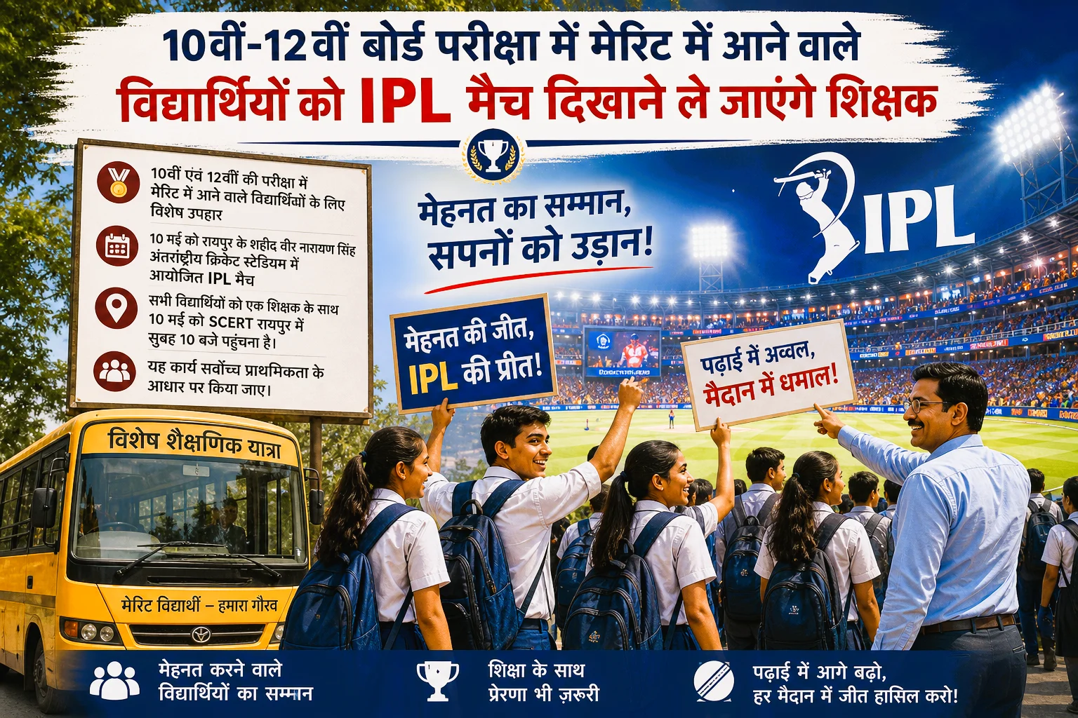 10 वीं- 12 वीं बोर्ड परीक्षा में मेरिट में आने वाले विद्यार्थियों को आईपीएल मैच दिखाने ले जाएंगे शिक्षक